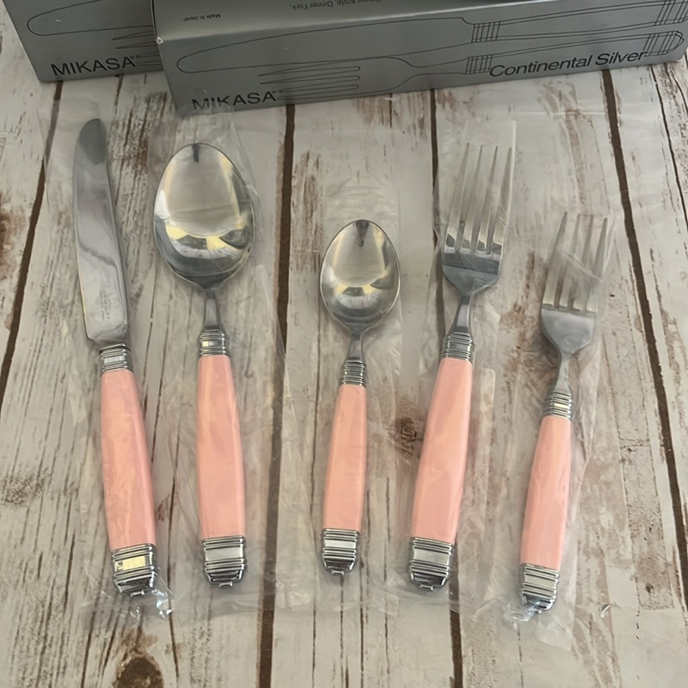 Vintage Mikasa Laslo Continental Pink and Silver 5 Pc. place setting.